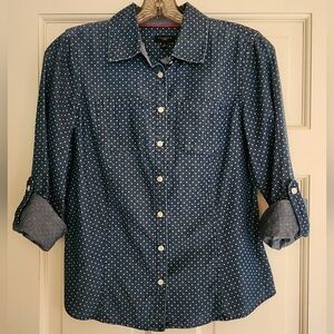 TALBOT'S SIZE 2P DENIM COLOR TINY POLKA DOT SHIRT, ROLL SLEEVE NWOT